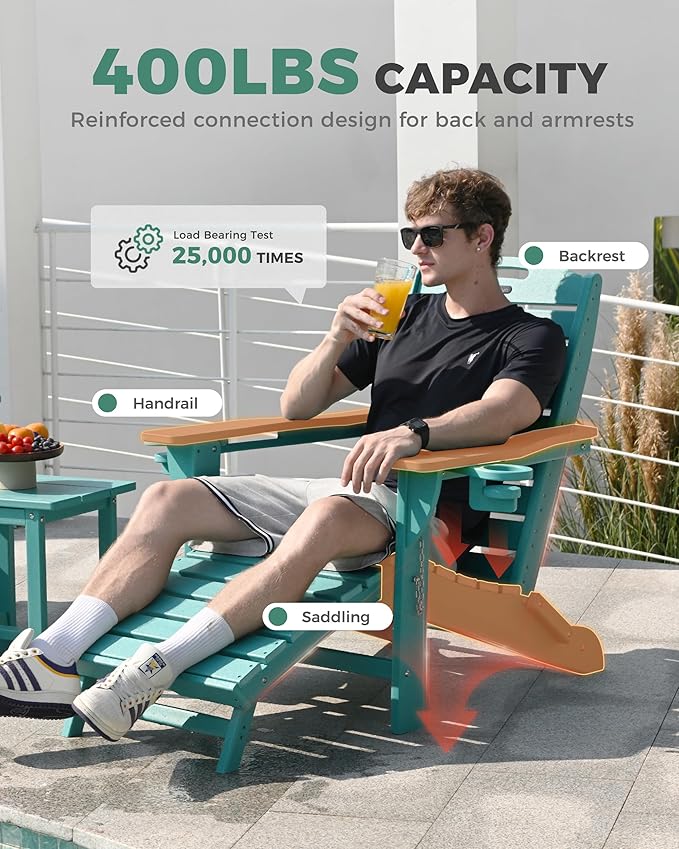 Adjustable Adirondack Chairs Set of 2 with Retractable Ottoman, HDPE Folding Adirondack Chair with Cup Holders, Weather Resistant for Backyard, Poolside & Fire Pit (Lake Blue)