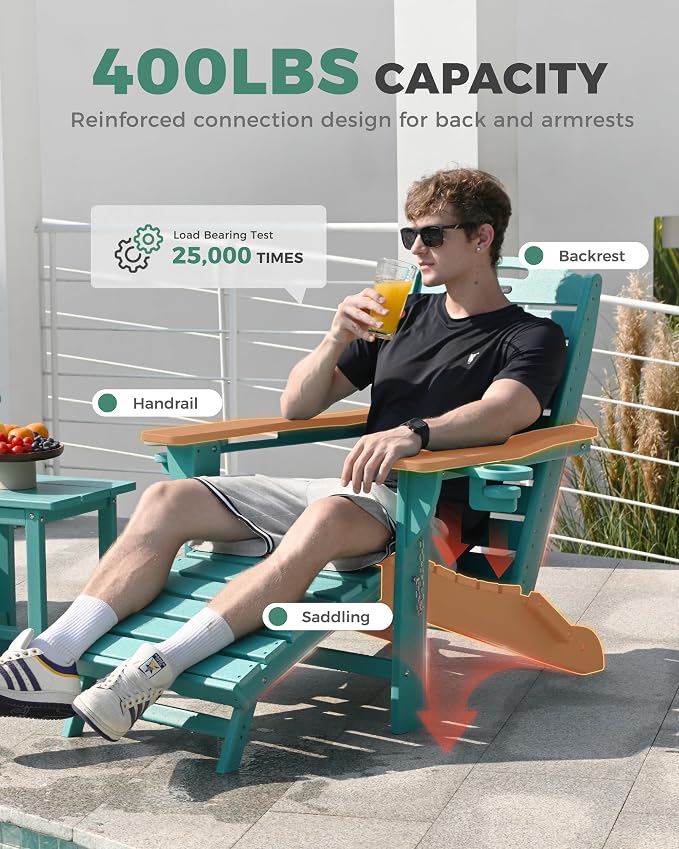 Adjustable Adirondack Chairs Set of 4 with Retractable Ottoman, HDPE Folding Adirondack Chair with Cup Holders, Weather Resistant for Backyard, Poolside & Fire Pit (Lake Blue)