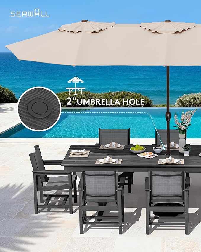 SERWALL 9 Piece Outdoor Dining Set, 84" HDPE Outdoor Large Table and Textilene Sling Chairs for 8，All Weather Patio Dining Furniture Set with Umbrella Hole for Backyard, Garden, Black