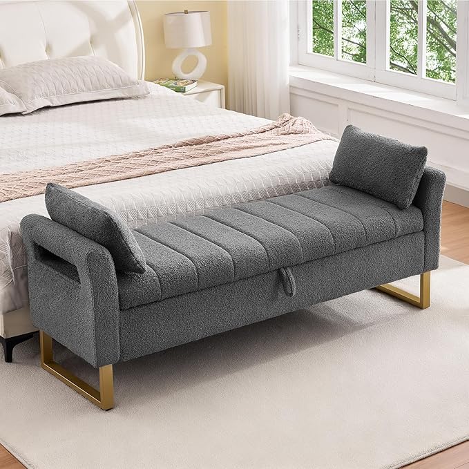 Storage Bench for Bedroom End of Bed King Size, 66'' Bedroom Benches for Foot of Bed King, Grey Teddy End of Storage Bench with Gold Legs & 2 Pillows for Entryway, Windows, Closet