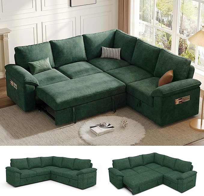 85 Inch Modular Sectional Sofa with Pull Out Bed, L Shaped 5 Seat Sectional Sleeper Sofa with Storage, Sectional Couches for Living Room, Cloud Modular Couch,Removable Sofa Cover,Green