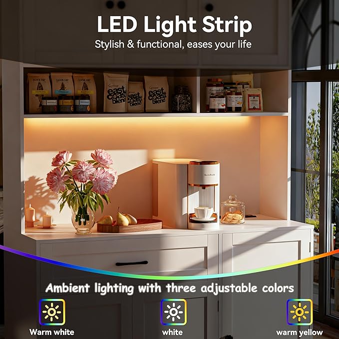FJTJBSI 72" Kitchen Pantry Cabinet with LED Light and Charging Station Tall Pantry Storage Cabinet with Adjustable Shelves and Door Shelves Modern Kitchen Hutch with Microwave Stand and Countertop
