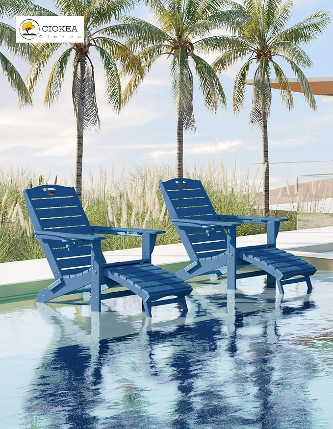 Ciokea Folding Adirondack Chair Set of 4 with Retractable Ottoman Fire Pit Patio Chair with Pull Out Foot Rest Weather Resistant Lawn Outdoor Chair with 2 Cup Holder (Navy Blue)