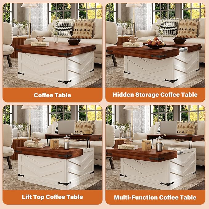 UNIQUITE 31.5'' Lift Top Coffee Table, Sliding Top Square Center Table with Large Hidden Storage Organizer, Multi-Functional Farmhouse Coffee Tables for Living Room, Bedroom, Home Office, White