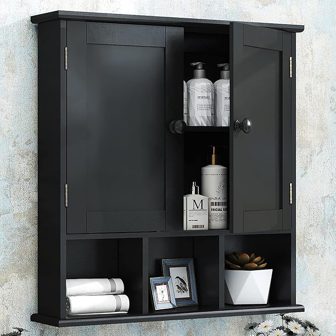 TaoHFE Black Bathroom over the Toilet Storage Cabinet, Wall Medicine Cabinet Organizer with 2 Door Adjustable Shelves, Wooden Modern Bathroom Shelves Wall Mounted Laundry Room, 21L x 5.1W x 23H Inches