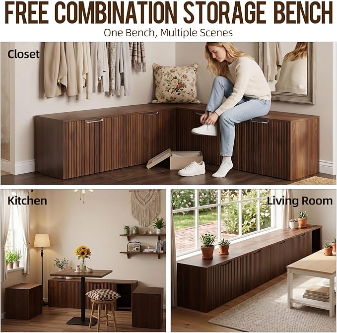ZZW L Shaped Storage Bench, Modular Corner Dining Bench Seating, 63" Breakfast Nook Bench w/Hidden Storage, Safety Soft-Close Hinges, Dining Room, Kitchen, Living Room, Entryway Color Walnut