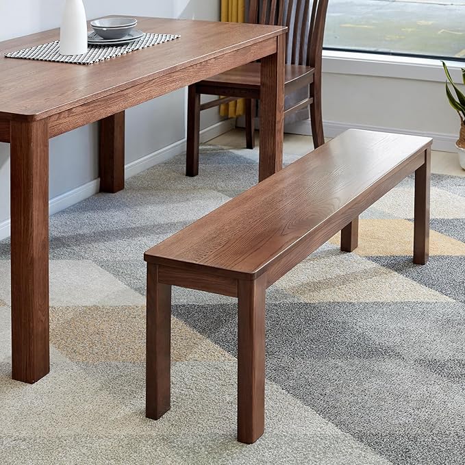 100% Solid Oak Wood Dining Bench, 47.3'' Entryway Bench Extra Chair Seat Long Ottoman with Squre End & Round Corner for Kitchen Living Room Bedroom, Walnut
