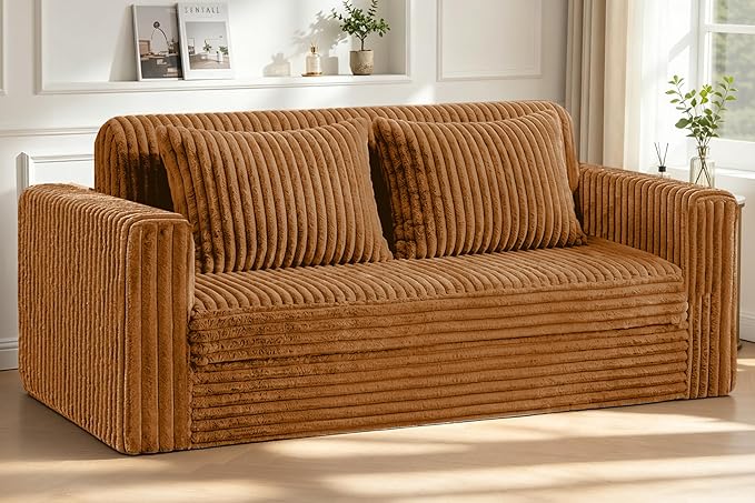 HABUTWAY 68" Loveseat Boneless Couch, 4-in-1 Convertible Sofa Bed, Plush Fur Folding Futon Sofa Bed Couches with 2 Pillows for Living Room, High-Density Foam Support, No Assembly Required, Orange