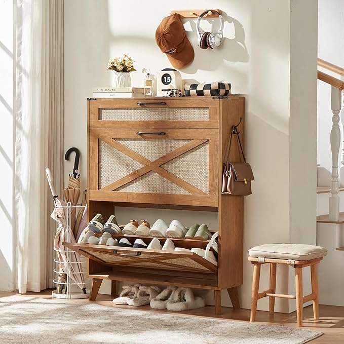 LEYAOYAO Shoe Cabinet Storage for Entryway with 2 Flip Drawers Rack Narrow Organizer Slim Hidden Wood Shoe Cabinet Furniture Tea Brown
