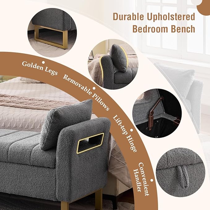 Storage Bench for Bedroom End of Bed King Size, 66'' Bedroom Benches for Foot of Bed King, Grey Teddy End of Storage Bench with Gold Legs & 2 Pillows for Entryway, Windows, Closet