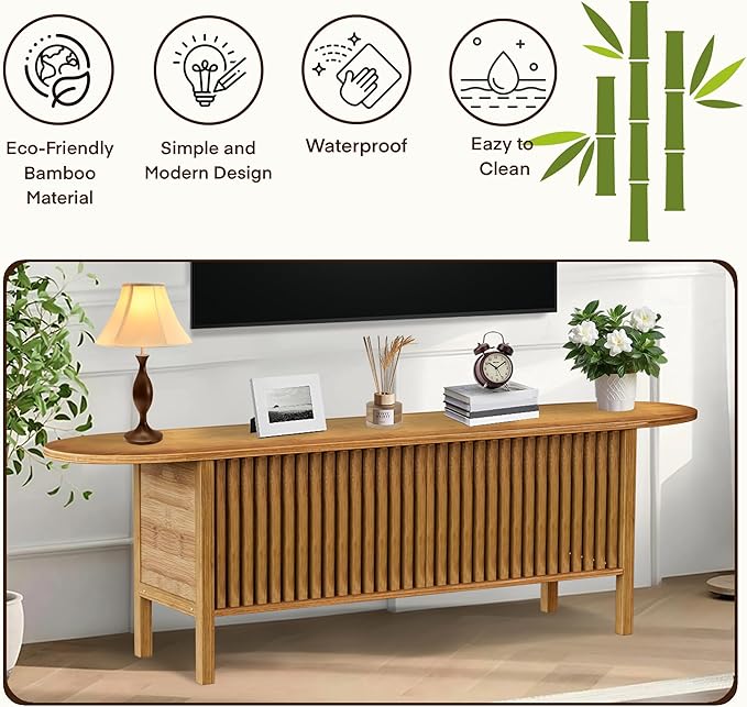 Bamboo TV Stand for TVs up to 65", Accent Entertainment Center with Storage, Media Console Table with Fence Door, Modern TV Stand for Living Room, Bedroom, 55"(L), Walnut
