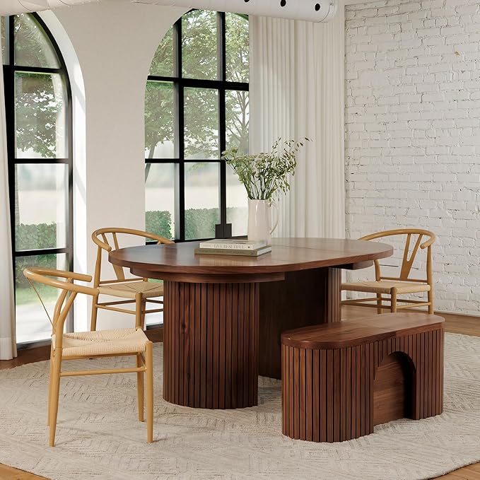 Transformer Table - Solid Wood Extendable Round Dining Table Set, Extendable Round Dining Set, Elegant and Functional Design, Perfect for Dining Room or Kitchen, Royal Brown (Table + Bench)