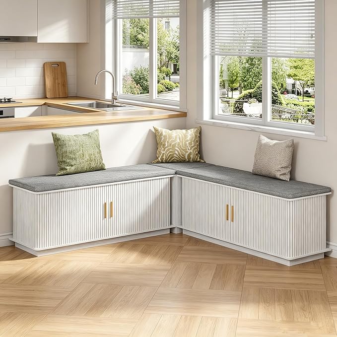 L-Shape Storage Bench with Cushion, Corner Dining Bench with Hidden Storage, Breakfast Nook Bench for Dining Room, Kitchen, Entryway, Cloakroom, White