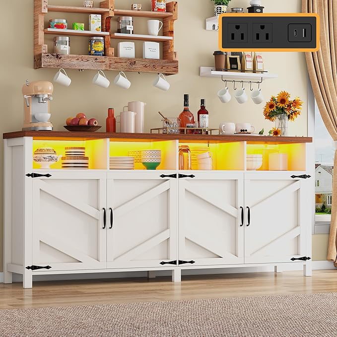 knoworld 63'' Buffet Sideboard with Storage with Power Outlets & LED Light 4 Doors, Large Farmhouse Kitchen Storage Cabinet Wood Coffee Bar Cabinet Buffet Table for Kitchen, Dining Room, Entryway