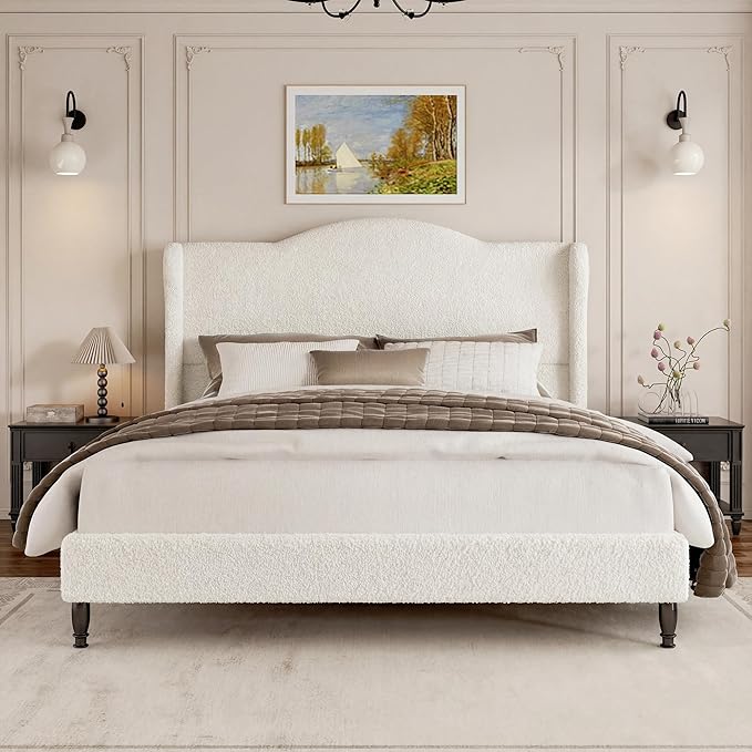 Queen Bed Frame with Wingback Headboard, Upholstered Boucle Platform Bed Frame, Solid Wooden Slats Support, Noise-Free, No Box Spring Needed, Soft Cloud Bed for Bedroom, Cream