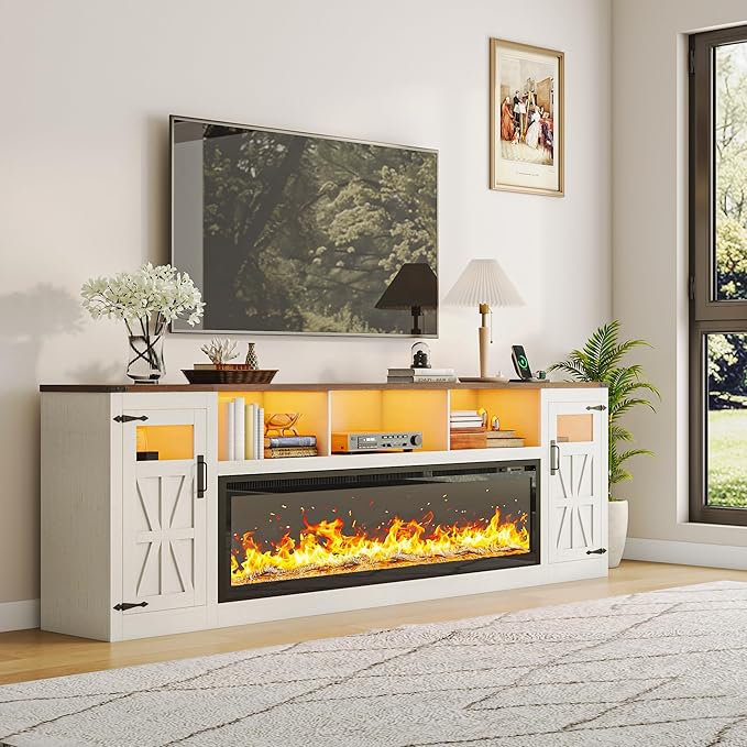 Fireplace TV Stand for 100 Inch TV, 95" Farmhouse Entertainment Center with 60" Electric Fireplace & LED Lights, Large Media Console for Living Room, Rustic Barn Doors, Power Outlets, Antique White