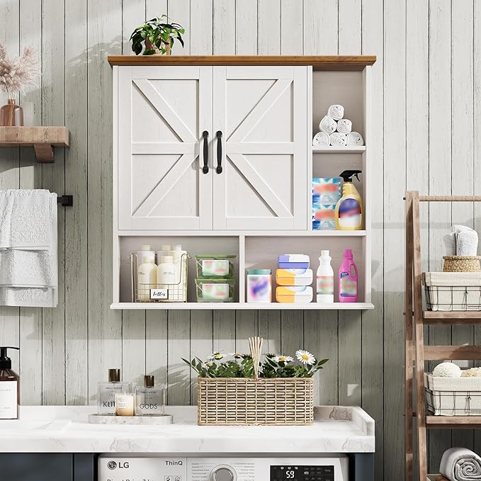 Bathroom Wall Cabinet, Farmhouse Medicine Cabinet with Double Barn Door and Adjustable Wood Shelf, Over The Toilet Storage Cabinet for Wall Mounted for Bathroom Laundry Room Kitchen (White and Brown)
