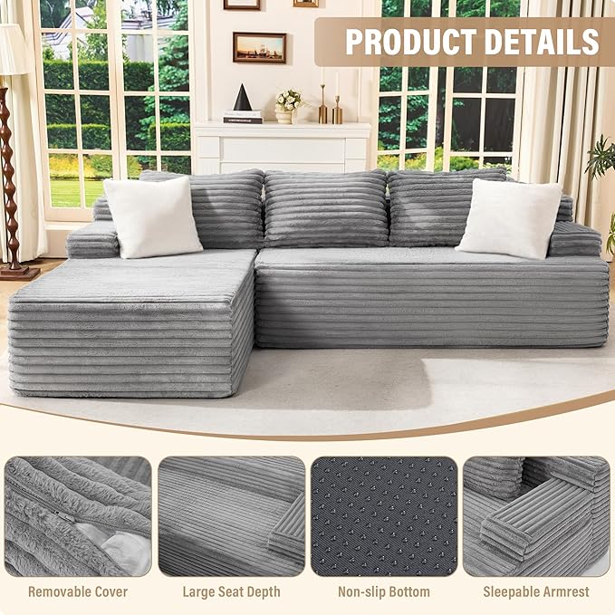 Hobestluk Modular Sectional Sofa Boneless Couch L-Shape Couch 3 Seat Modular Couch Memory Foam Sectional Couches for Living Room Furniture, Cloud Couch with Chaise Lounge (96" Left Facing Chaise)