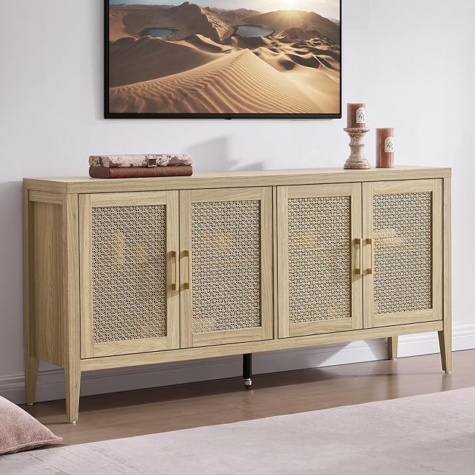 SICOTAS TV Stands for Living Room - Modern TV Console with 4 Doors Cabinet, 59" Television Stands Farmhouse Entertainment Center Media Console Credenza for 45 50 55 60 65 Inch TVs, Light Walnut
