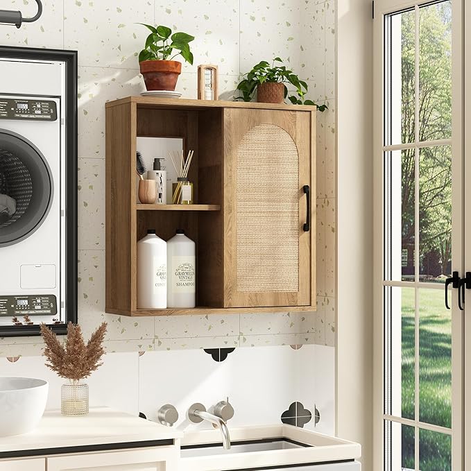 RUSTOWN Boho Rattan Wall Cabinet, Mid Century Bathroom Cabinet with Sliding Door, Adjustable Shelves, Over The Toilet Storage Cabinet (Rustic Oak)