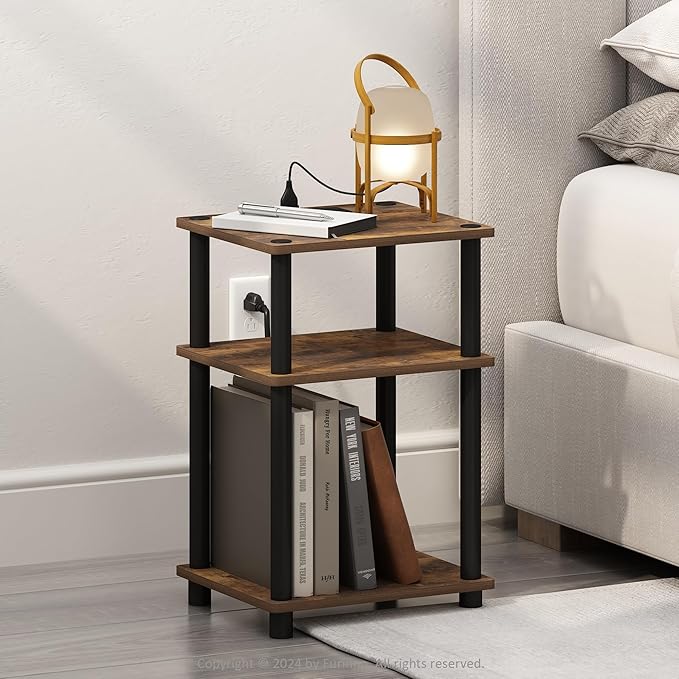 Furinno JUST Night Stand, 3-Tier Turn-N-Tube Nightstand with Charging Station, Bedside Table, End Table, Side Table with USB and Type-C Port, for Bedroom, Closet, Dorm, Amber Pine