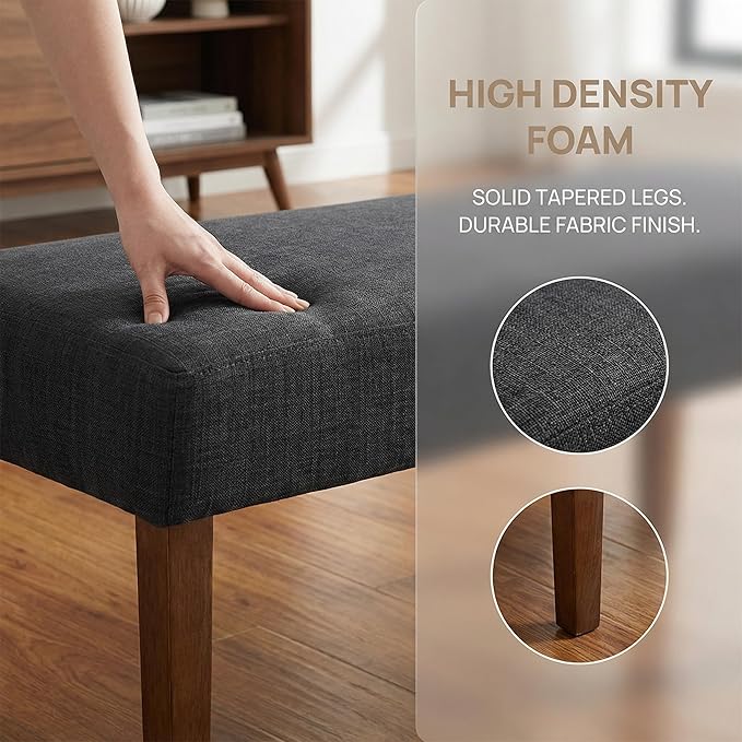 HNY Farmhouse Upholstered Dining Bench Seat Set of 2, 45" Linen Entryway Bench with Natural Wood Legs, Mid Century Modern End of Bed Bench for Kitchen Bedroom Living Room Hallway, Charcoal