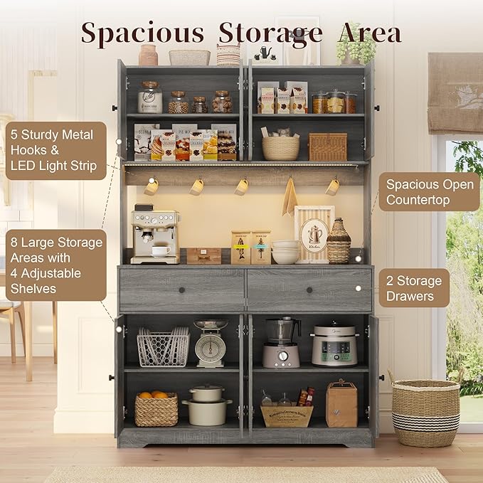 71" Kitchen Pantry Cabinet with Charging Station, Pantry Storage Cabinet Farmhouse Kitchen Hutch with Microwave Stand, Coffee Bar Station with Doors and Adjustable Shelves for Kitchen, Grey