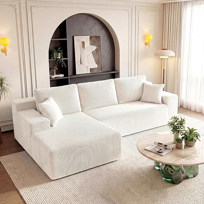 GRUSIGN Cloud Sectional Boneless Couches for Living Room, Modular L Shaped Couch with Deep Seat Oversized Left Facing Chaise, Memory Foam Compressed Spineless 3 Seater Sofa for Apartment, Beige