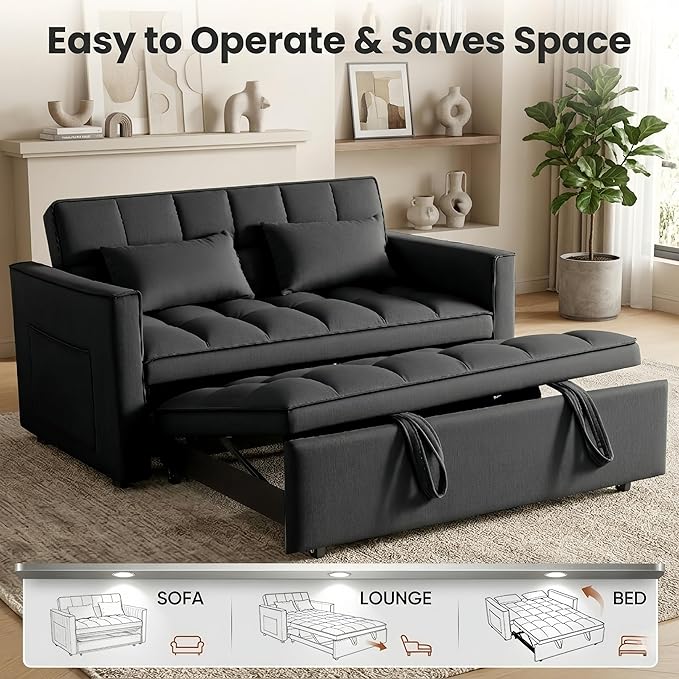 3 in 1 Convertible Sleeper Sofa Bed, Velvet Fabric Loveseat Sofa Bed with Adjustable Backrest & Large Side Pockets, Pull Out Couch for Small Spaces, Apartment, Living Room, Black