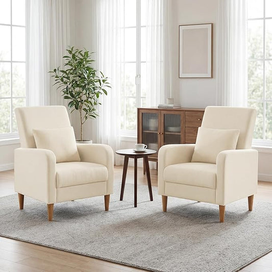 COLAMY Mid-Century Modern Upholstered Accent Chair with Back Pillow & Solid Wood Legs, Fabric Cozy Armchair for Living Room, Bedroom, Reading Nook, Apartment & Small Spaces, White