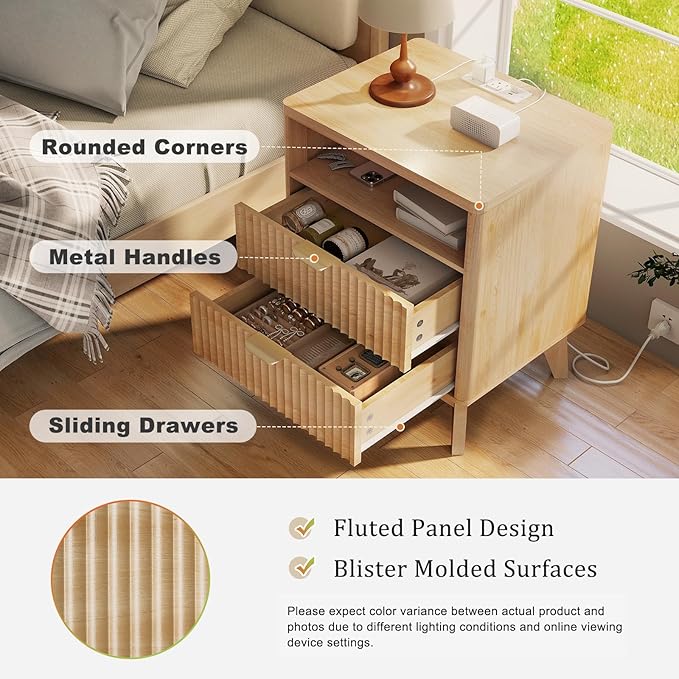 LYNCOHOME Fluted Nightstand with Charging Station, 19.7 inch Wide End Table with 2 Drawers, Modern Wood Bedside Table for Bedroom, Night Stand Set of 2,Natural