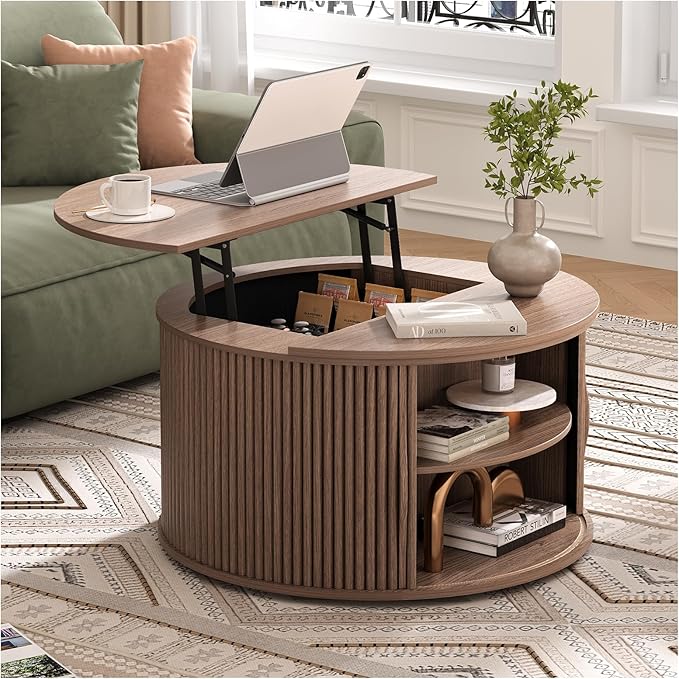 JOINICE 31.5" Round Lift Top Coffee Table, Mid Century Modern Walnut Center Table with Hidden Storage, Fluted Drum Wood Design for Small Living Room & Apartment