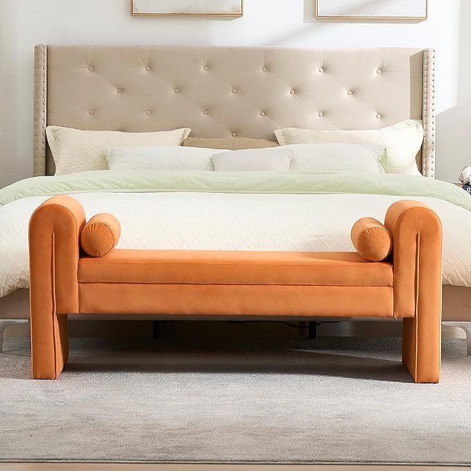 Modern Bench for Bedroom End of Bed, 60.5" Velvet Upholstered Rolled Armed Stool Bench, Sofa Ottoman Long Bench with 2 Pillows for Entryway/Hall/Bedroom/Living Room(Orange-60.5 Inch)