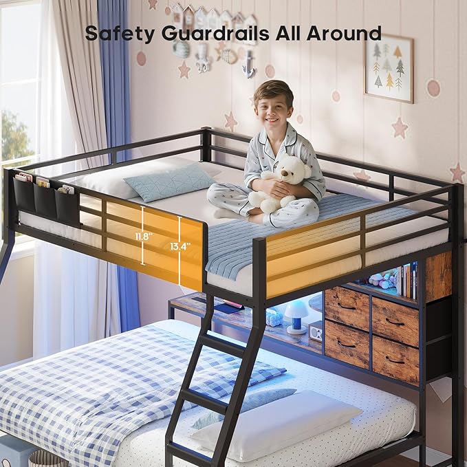 BTHFST Full Over Full Bunk Beds with 4 Storage Drawers & Shelves & Bedside Caddy, Bunk Bed with Charging Station & LED Lights, Full Size Bunk Bed with Safety Guardrail & Angled Ladder, Rustic Brown