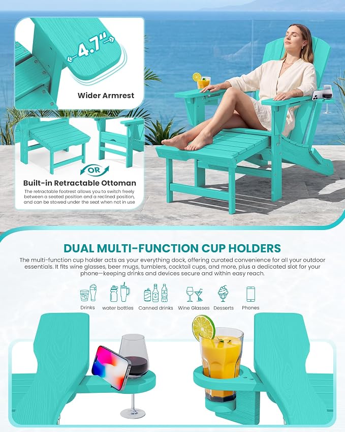 SERWALL Folding Adjustable Adirondack Chairs with Footrest Set of 2, HDPE Outdoor Chair with Dual Cup Holders, All Weather Adirondack Chair with Ottoman, Aruba