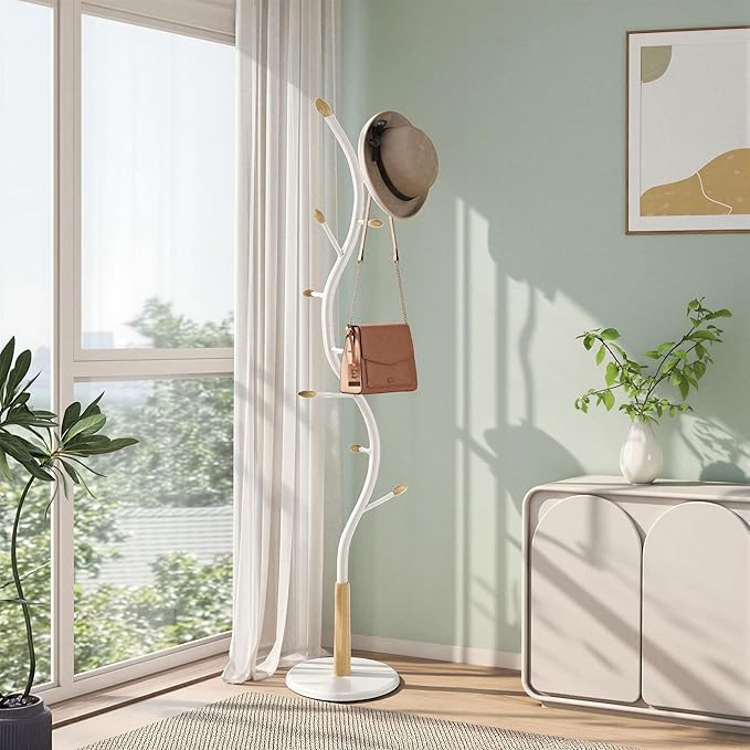 Roundhill Furniture Arles Metal Whtie and Oak Standing Coat Rack