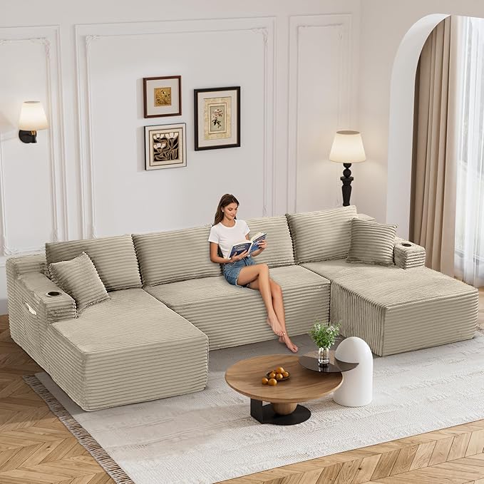 133" Oversized Cloud Boneless Sofa Couch with Chaise, Modern Corduroy U Shaped Modular Sectional Sofa with Deep Seat, Comfy Couch with Cupholders and Storage, No Assembly Required-Camel