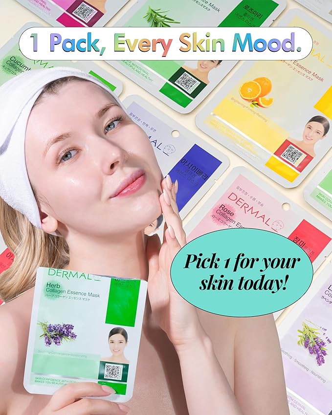 DERMAL 26 Combo Pack Collagen Essence Korean Face Mask (Green & Yellow) - Hydrating & Soothing Facial Mask with Panthenol - Hypoallergenic Sheet Mask for All Skin Types - Home Spa Treatment Mask