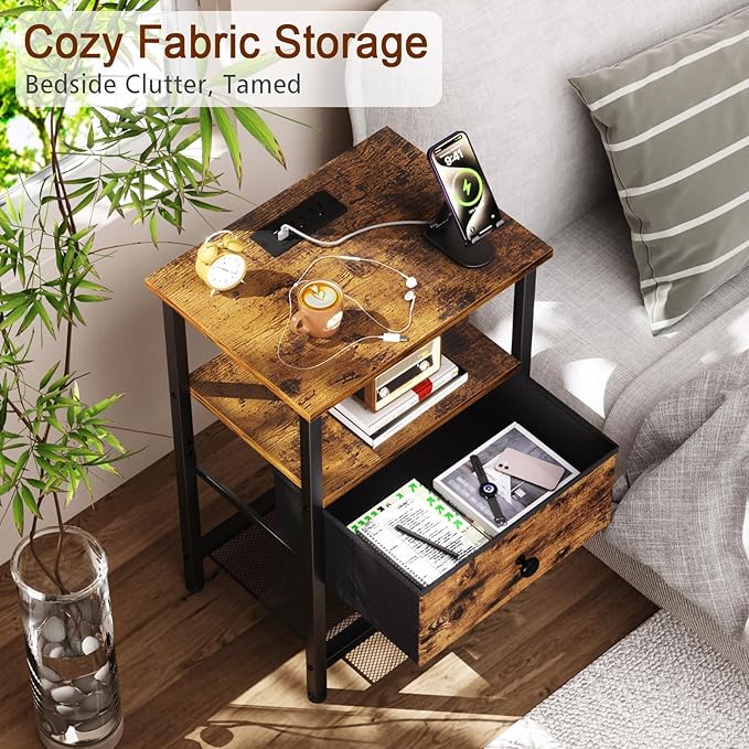 LOAKEKEL Night Stand, Nightstand with Charging Station, Slim Industrial Bedside Table with Fabric Drawer, Small End Table with USB & Type-C Ports for Bedroom, Brown, HETS010BR-1