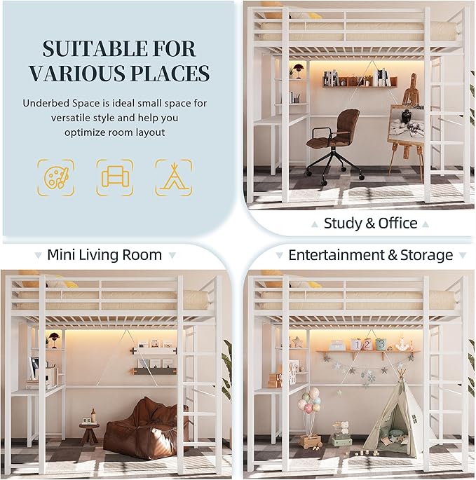 SUNLEI Loft Bed Full Size with Desk and Safety Guard Rail, Full Size Metal Bed Frame with Double Layer Shelves for Storage, 2 Security Ladders No Box Spring Needed, Snowy White