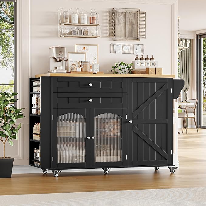 FINETONES Kitchen Island with Storage, Rolling Kitchen Island on Wheels with Wood Drop Leaf Countertop, Island Table Bar Cart with Spice Towel Rack Portable Kitchen Table Kitchen Carts on Wheels