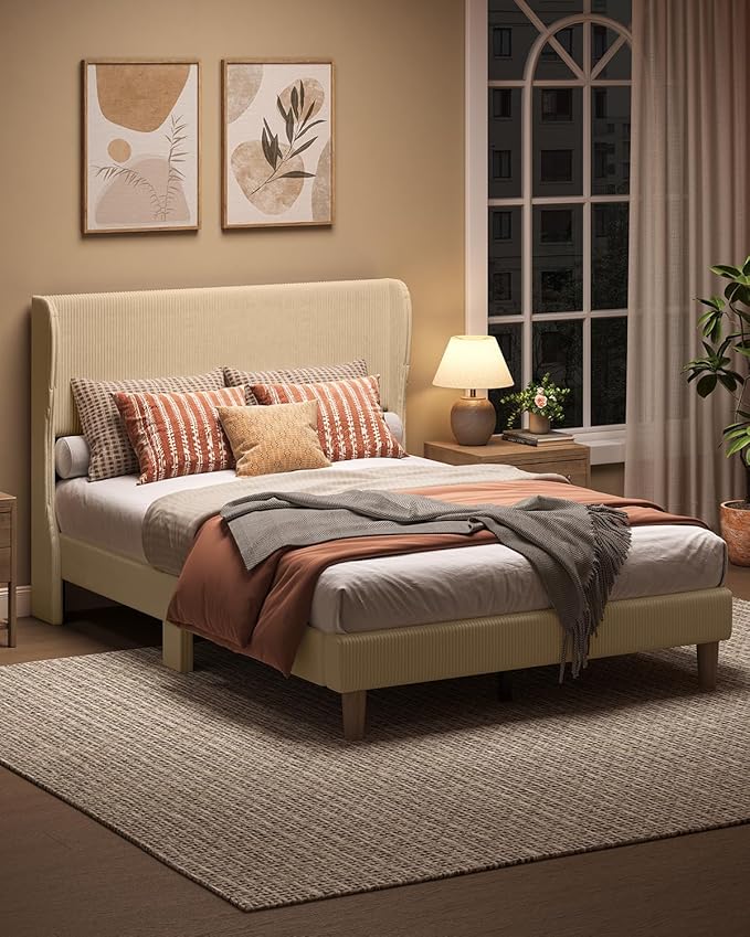 Bestier Full Bed Frame with Wingback Headboard,Upholstered Platform Full Size Bed with Strong Wooden Slats,No Box Spring Needed,Never Squeaks,Easy Assembly,Taupe