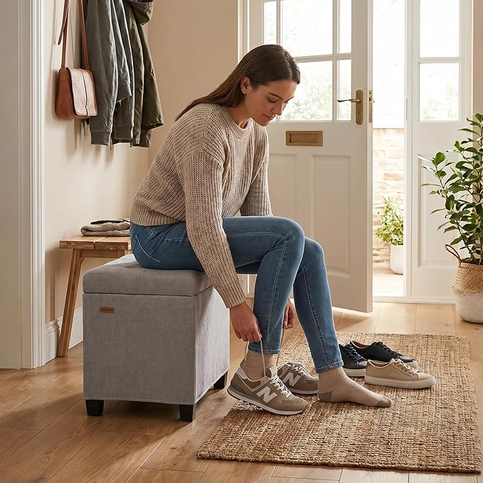 ABHENG Chenille Metal Framed Storage Ottoman,12.2" D x 16.1" W x 17.7" H Tufted Upholstered Ottoman with Storage,Foot Rest Stool with Legs,Holds 770 LB for Dorm Living Room Bedroom Gray UASND70G