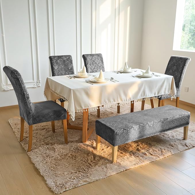 FORCHEER Kitchen Chair seat Cover Set 4 and Bench Cover Set Velvet Flower Pattern Anti-Dust Removable Seat Protector for Dining Room- 4 PCS Chair Cover+1 PC Bench Cover(Dark Grey)