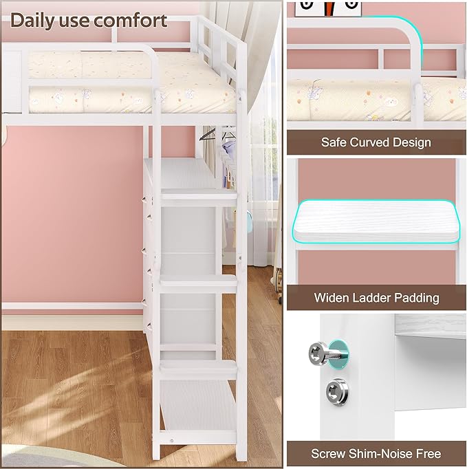 Dnxao Full Size Loft Bed with Desk, 900 lbs Heavy Duty Metal Bed Frame for Adults & Teens, 6 Storage Drawers, Power Outlet with Type-C, LED Lights, Integrated Study Workstation for Small Room, White