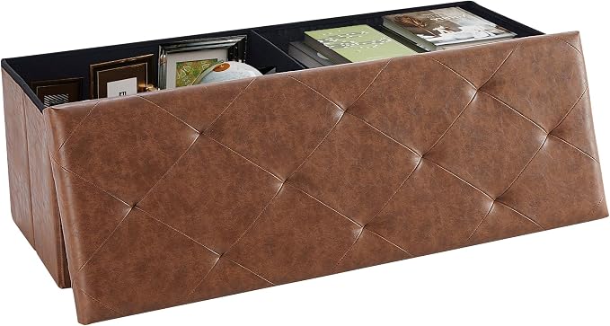 Sweetcrispy 43 Inch Folding Storage Ottoman Bench, Large Hidden Storage Chest with Padded Seat, Foot Rest Stool Supports Up to 660Lbs, End of Bed Bench for Bedroom, Living Room, Faux Leather, Brown