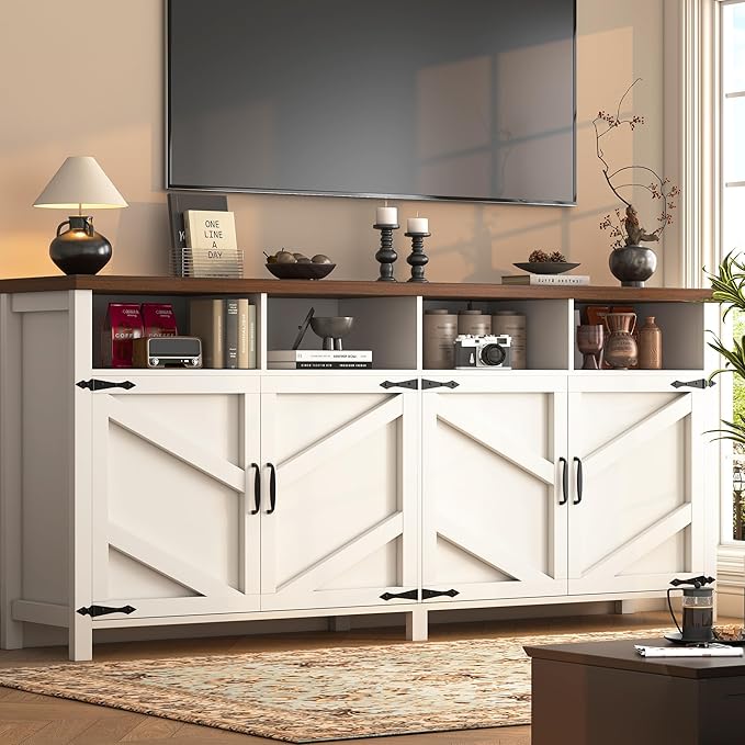 knoworld 63'' Buffet Sideboard with Storage Farmhouse with 4 Doors, Large Kitchen Storage Cabinet Wood Coffee Bar Cabinet Buffet Table with Shelves for Kitchen, Dining Room, Entryway