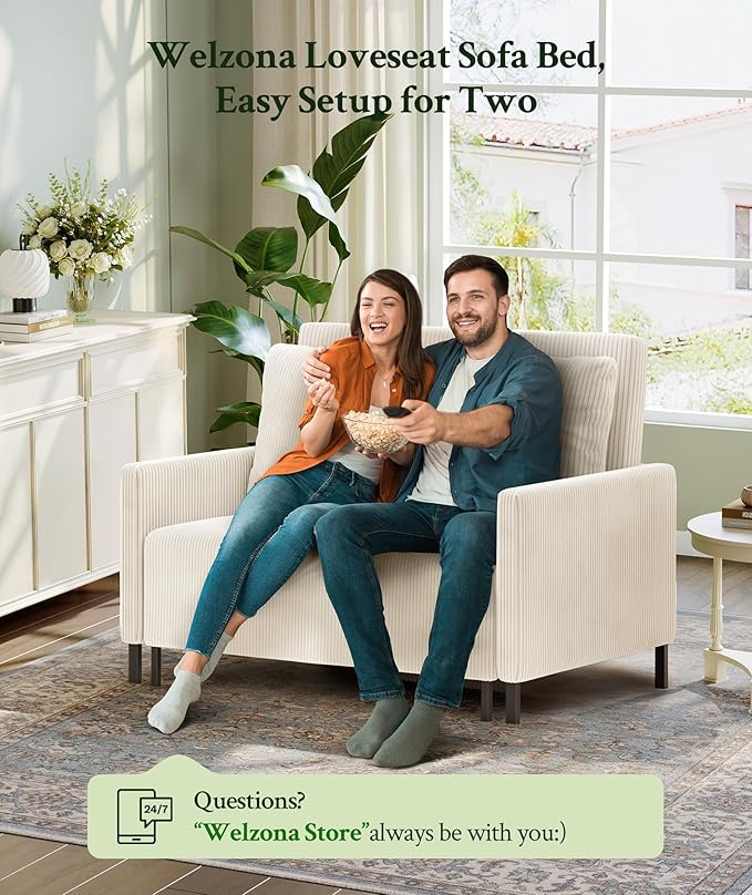 Welzona 47.2" Convertible Sofa Bed Couch, Comfy Corduroy Loveseat Sleeper Sofa, 620lbs Capacity Couch Bed, Easy Setup Love Seat Sleeper Bed 2 Pillows, Small Couches for Living Room/Office, Beige White