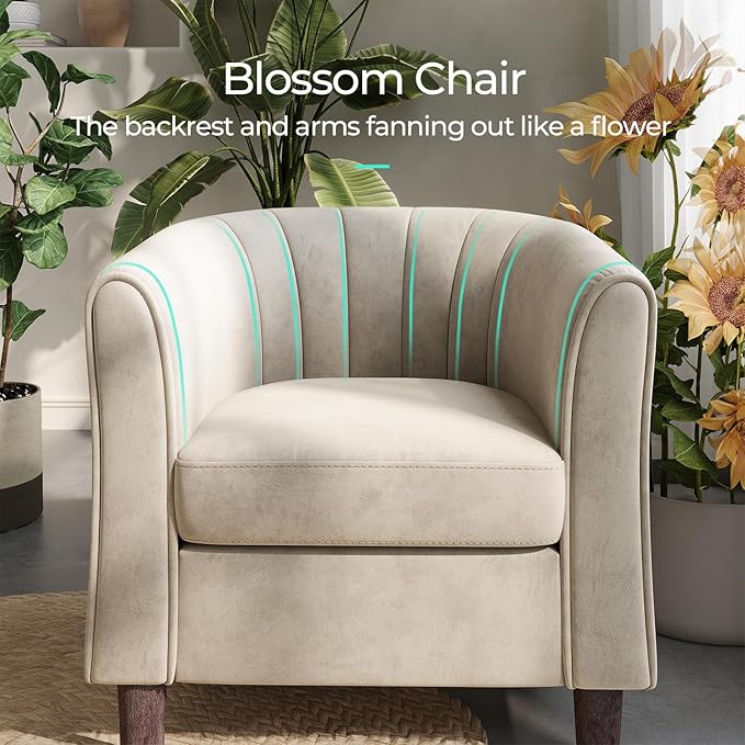 LINSY Small Accent Chair with Ottoman, Modern Barrel Chair Comfy Armchair Reading Chair with Footrest, Small Round Arms Chair for Living Room Bedroom Reading Room, Velvet, Beige