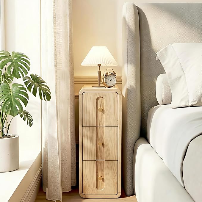 Narrow Nightstand Set of 2, Small Bedside Table with 3 Drawers, Mid Century Modern Skinny Night Stand with Storage, Wood Slim Side Table for Bedroom, Living Room (Natural-2pcs)
